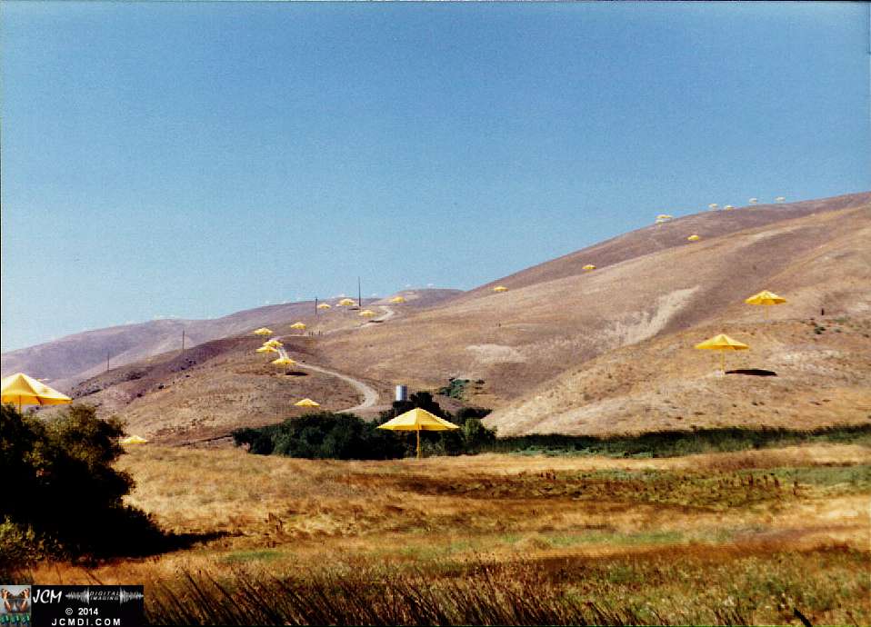 1760 Giant Yellow Umbrella Art Exhibit in Gorman California by Christo Javacheff of Bulgaria, October 1991. JCMDI.COM